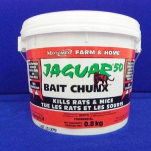 JAGUAR RODENTICIDE IS A SPECIALLY FORMULATED SINGLE FEED INTERIOR BAIT USED BY PROFESSIONALS TO QUICKLY REDUCE MOUSE AND RAT POPULATIONS. WAX COATED BLOCKS ENSURE MOISTURE WILL NOT COMPROMISE THE INGREDIENTS. CONTAINS BRODIFICOUM