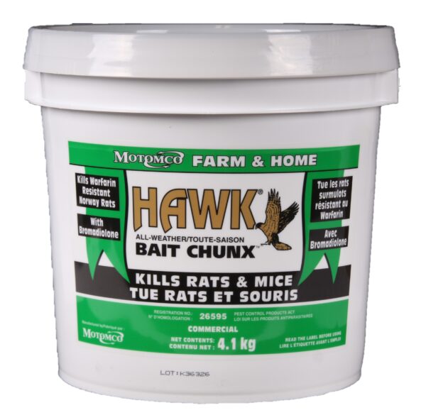 HAWK RODENTICIDE IS A SPECIALLY FORMULATED INTERIOR / EXTERIOR BAIT USED BY PROFESSIONALS TO QUICKLY REDUCE MOUSE AND RAT POPULATIONS. WAX COATED BLOCKS ENSURE MOISTURE WILL NOT COMPROMISE THE INGREDIENTS. CONTAINS BROMADIALONE.