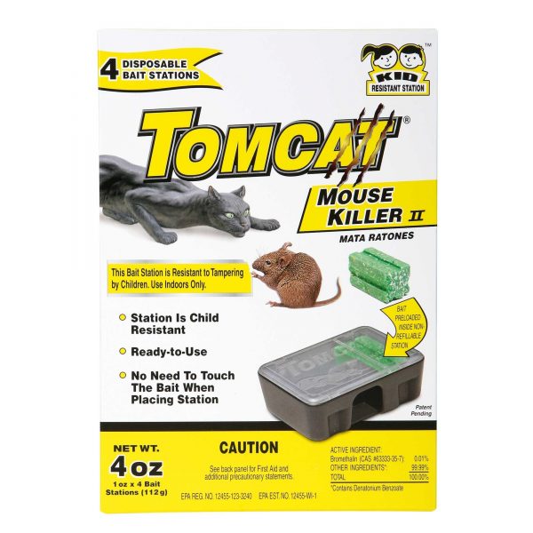 TOMCAT MOUSE KILLER RODENTICIDE IS A SPECIALLY FORMULATED SINGLE FEED INTERIOR BAIT USED BY PROFESSIONALS TO QUICKLY REDUCE MOUSE AND RAT POPULATIONS. CONTAINS BROMETHALIN