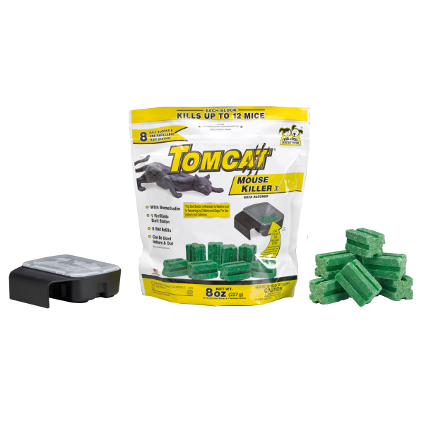 TOM CAT BLOCKS RODENTICIDE IS A SPECIALLY FORMULATED MULTI FEED INTERIOR / EXTERIOR BAIT PACK USED BY PROFESSIONALS TO QUICKLY REDUCE MOUSE AND RAT POPULATIONS. WAX COATED BLOCKS ENSURE MOISTURE WILL NOT COMPROMISE THE INGREDIENTS. CONTAINS DIPHACINONE