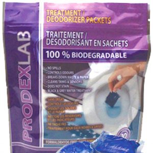 PRODEXLAB TREATMENT / DEODORIZER PACKETS BOAT / RV control odors originating from waste water holding tanks (Black & Grey) of RV’s, boats and portable toilets. They are convenient and easy to use. Each packet dissolves in water and will not clog pipes, pumps or valves. Continued use of PRODEXLAB TREATMENT / DEODORIZER PACKETS BOAT / RV will keep holding tanks and sensors clean and operational.