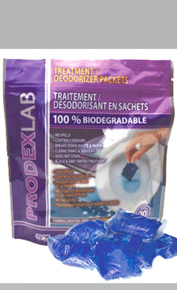 PRODEXLAB TREATMENT / DEODORIZER PACKETS BOAT / RV control odors originating from waste water holding tanks (Black & Grey) of RV’s, boats and portable toilets. They are convenient and easy to use. Each packet dissolves in water and will not clog pipes, pumps or valves. Continued use of PRODEXLAB TREATMENT / DEODORIZER PACKETS BOAT / RV will keep holding tanks and sensors clean and operational.